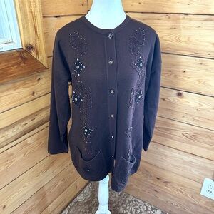 Paramour Vintage Chocolate Brown Women's Large Cardigan Embroidery Beaded Pearls